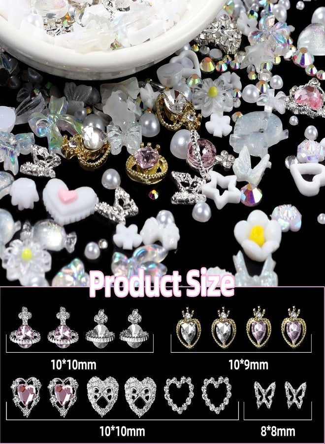 CESUSME 450Pcs 3D Heart Planet Butterfly Nail Rhinestones Gems Charms Alloy Butterfly White Flower Bow Nail Gems and Charms Mix Size White Rhinestones Nails Gem Pearls for Nails Art DIY Accessories - Image 2
